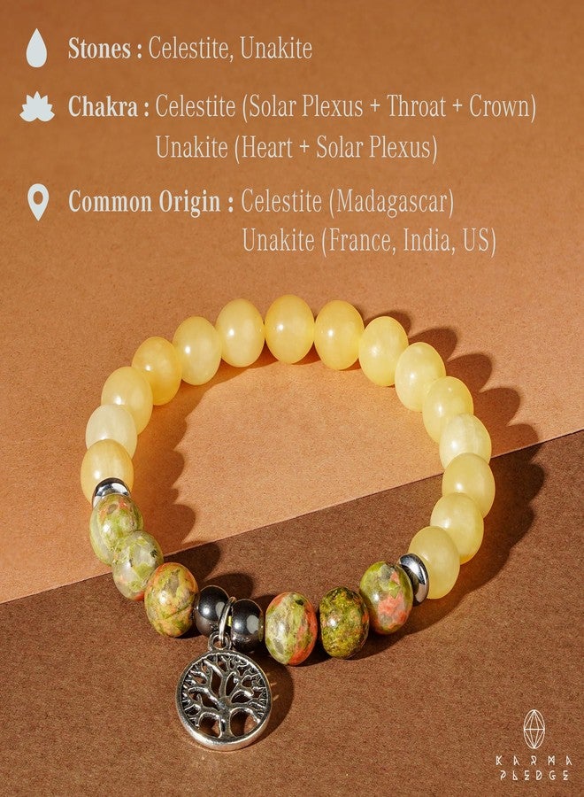 KARMAPLEDGE Triple Protection Crystal Bracelet, Handmade Celesite with Unakite Crystal Beads & Tree of Life Charm Bracelets for Women and Mens Positive Energy & Balance, Yoga, Chakra Healing, Crystal Gifts - Image 3